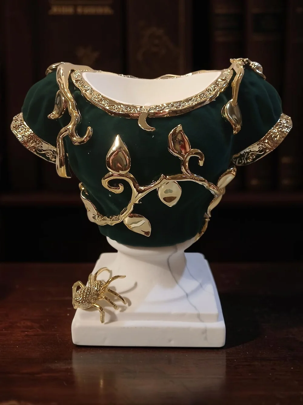 Gold-Accented  Forest Green Felt Bust On White Marble-Candle Holder